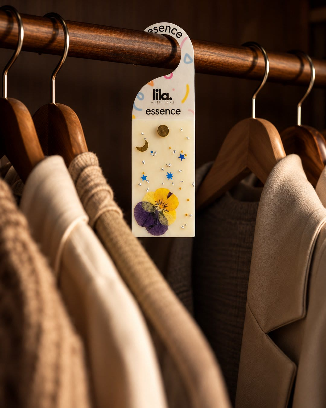 A Lila wax sachet with a pressed pansy hanging on a walnut wardrobe rail