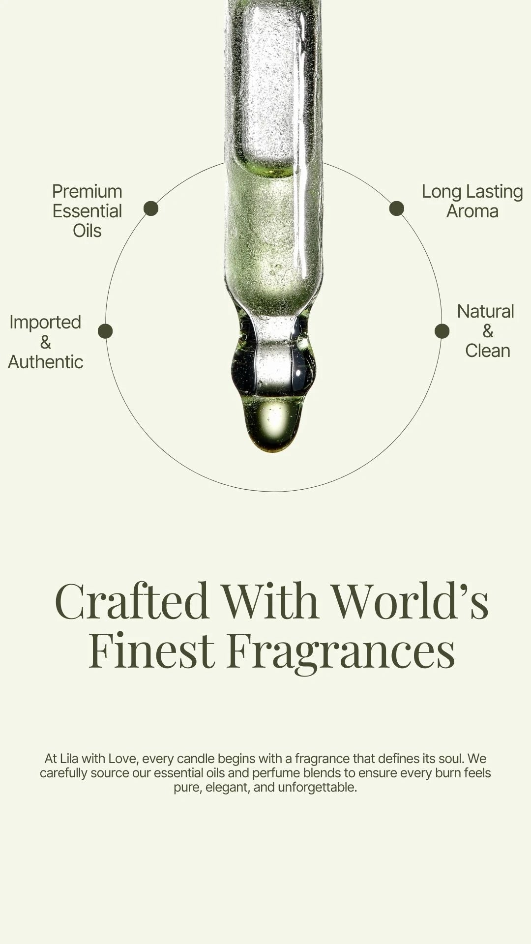 Advertisement for essential oils with a dropper and text about world's finest fragrances.