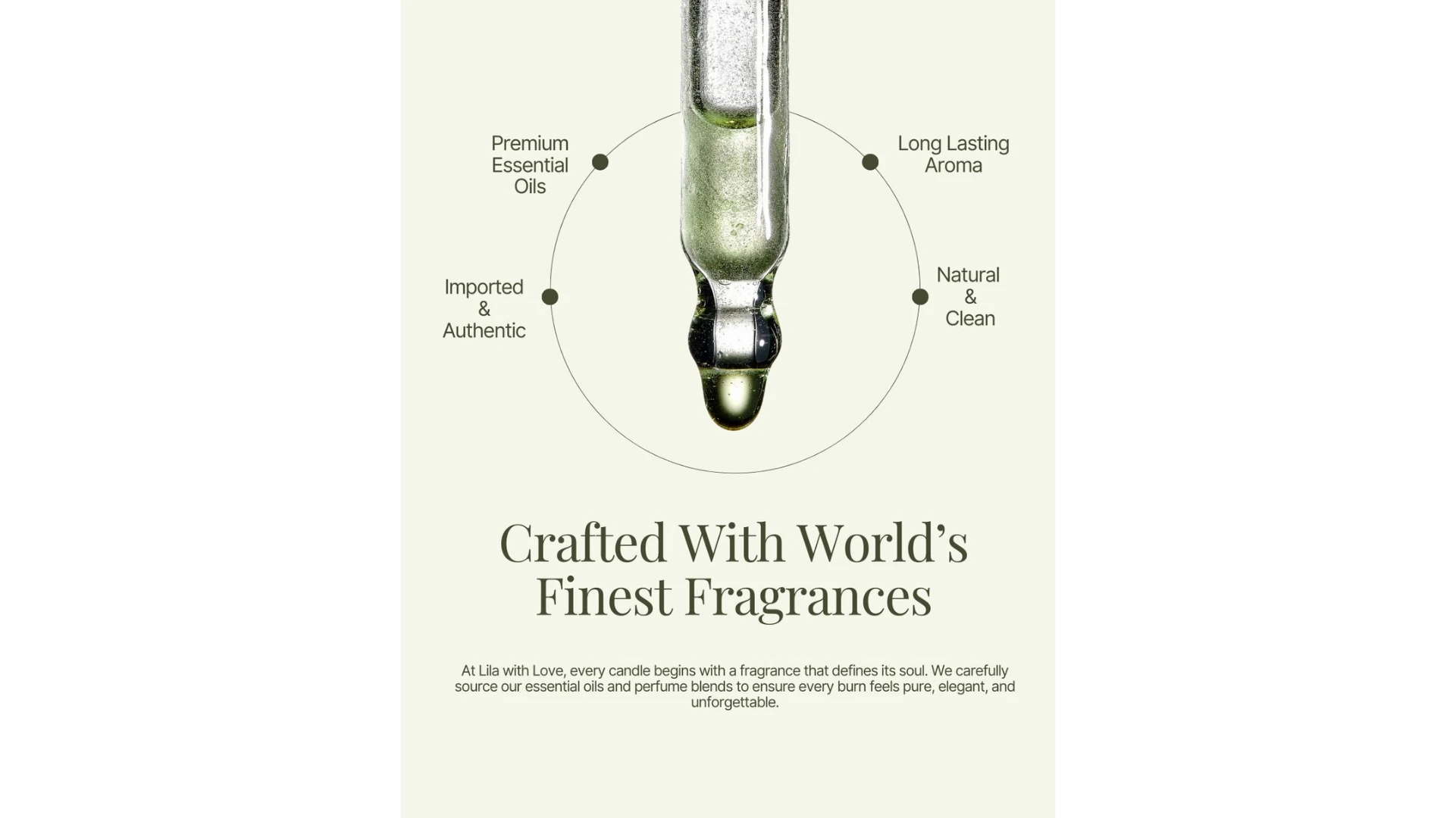 Advertisement for premium essential oils with dropper and text on a light background