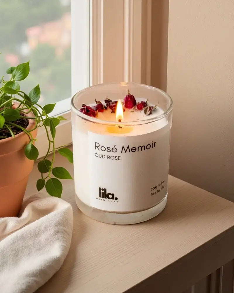 Rose memoir candle lit by a window side