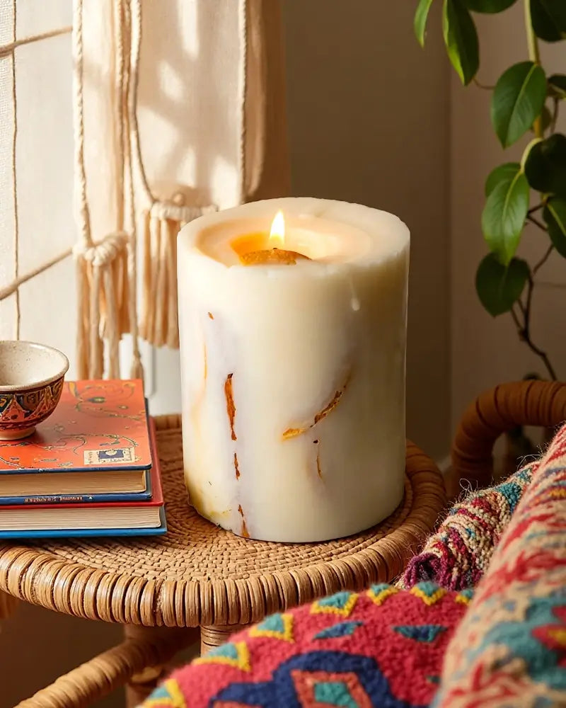 spiced amber candle with cinmmaon and lemon sliced infused on a woven table with books and a plant in the background