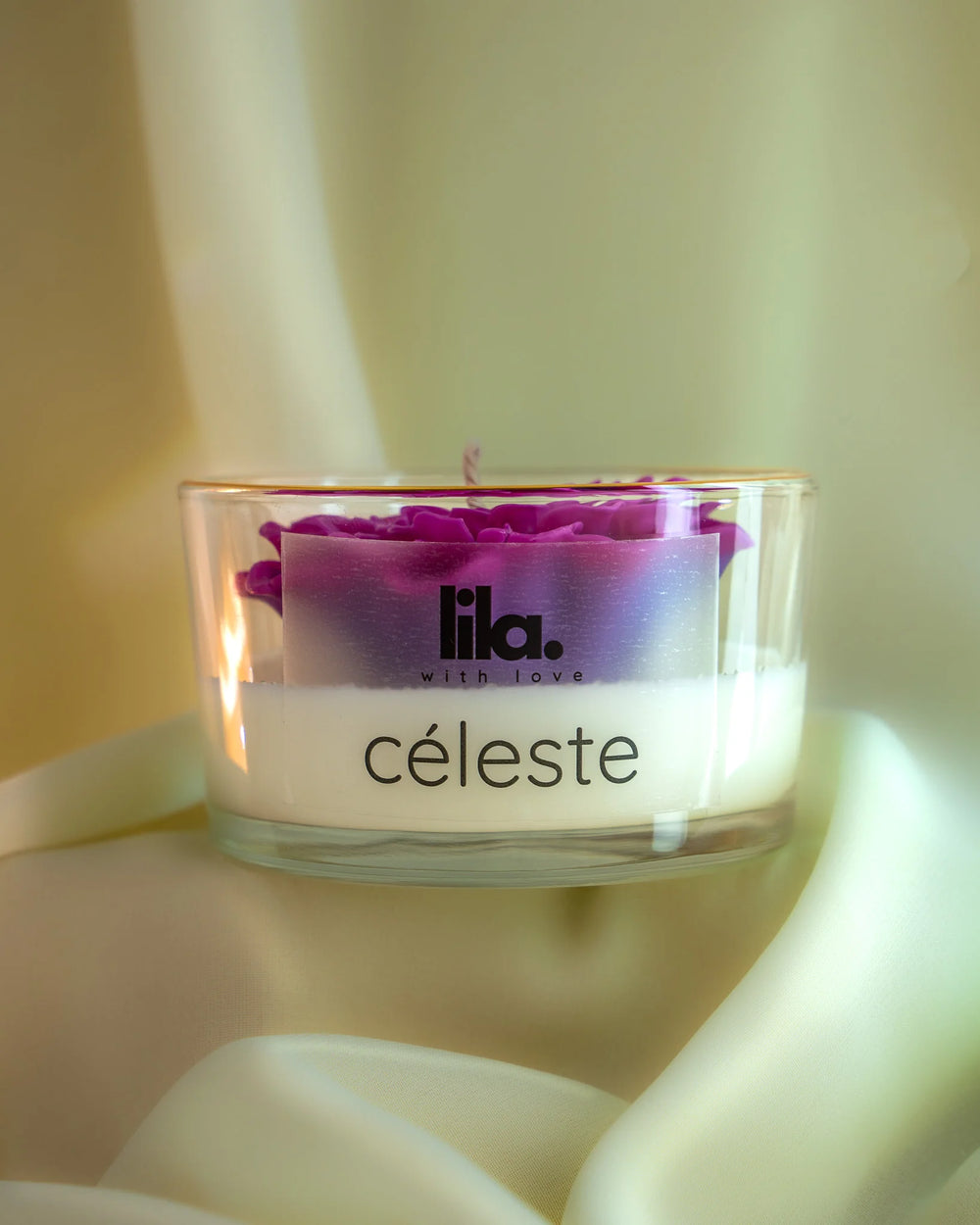 Celeste soy wax candle with purple petal design in clear glass jar by Lila with Love