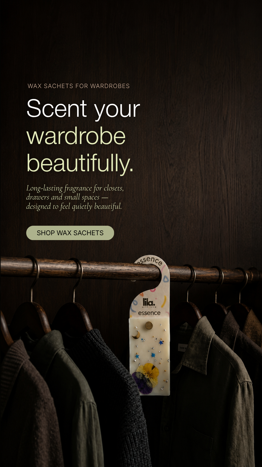 Lila.withlove wax sachet hanging on a wardrobe rail among neutral clothing, designed to scent closets and small spaces.