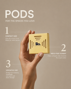 PODS — for the spaces you love. A hand holds a yellow pod. 1: Compact size — only 4.5 × 4.5 × 2 cm, made for small spaces. 2: Mess-free format — clean, compact, easy to place, no visual clutter. 3: Versatile use — perfect for drawers, handbags, suitcases and shoe storage.