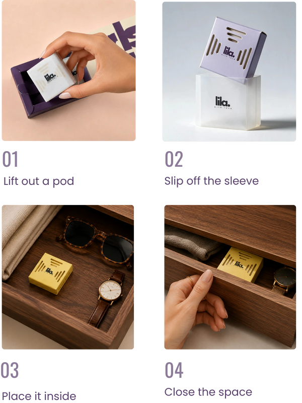 How to use a lila with love wax pod in four steps. One, lift out a pod. Two, slip off the sleeve. Three, place it inside a drawer. Four, close the space.