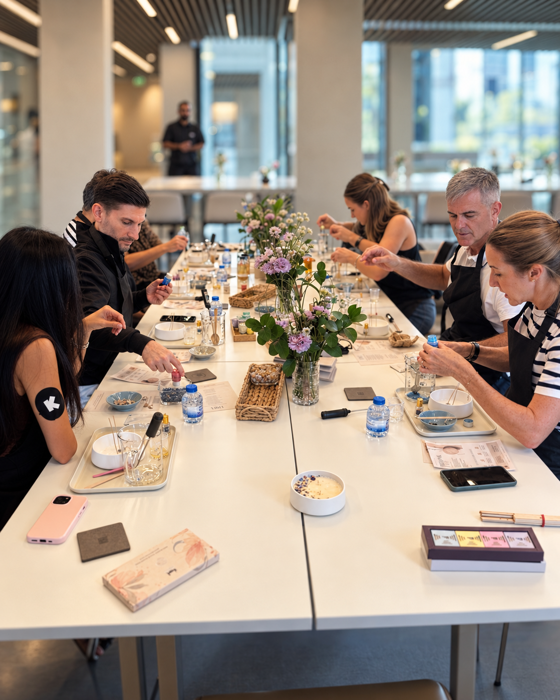 Guests at a Lila workshop blending fragrance and making candles around a flower lined table