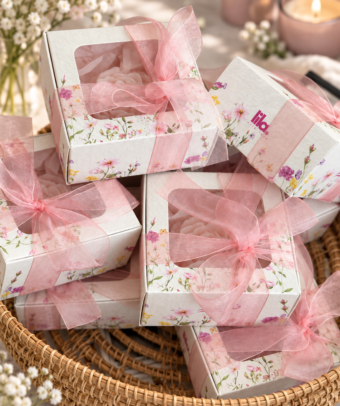 Peony wax sachets in floral window gift boxes tied with pink organza ribbon, in a woven basket