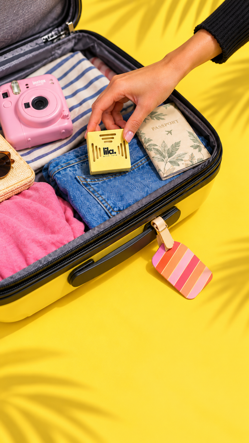 A yellow Lila pod packed on folded jeans in an open suitcase