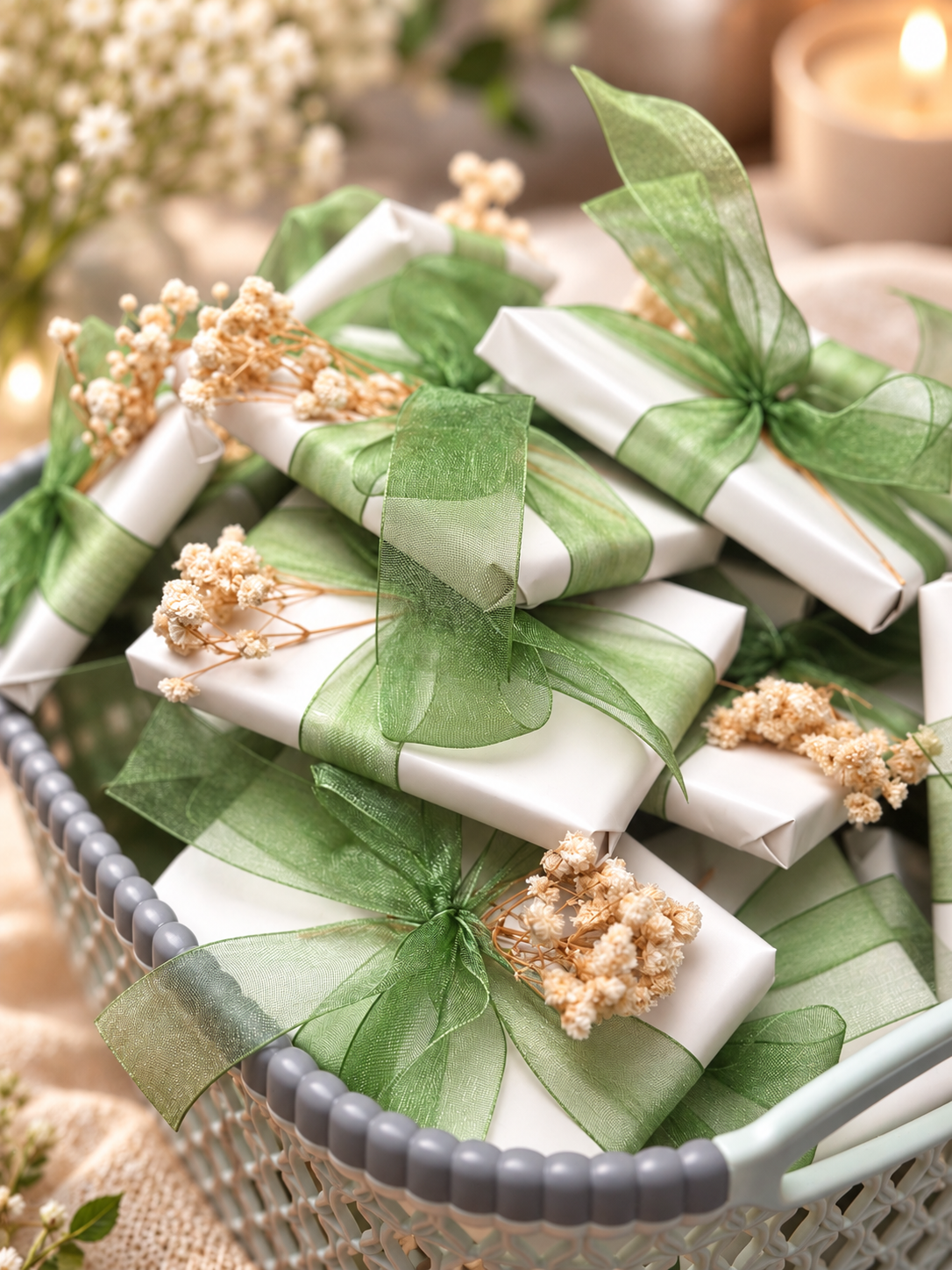 Gifts wrapped in white paper with green organza ribbon and dried gypsophila, gathered in a basket