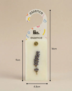 Lavender sachet with 'essence' label and measurements on a beige background