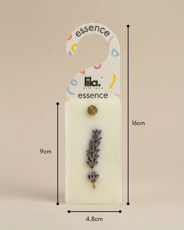 Lavender sachet with 'essence' label and measurements on a beige background