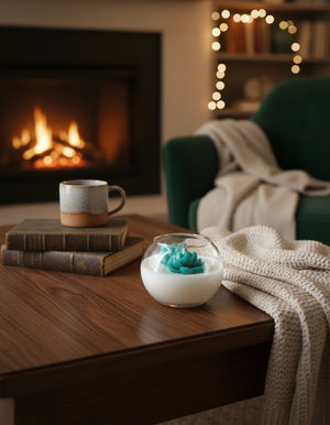 a cute candle with succulents on a fish bowl in a cozy living room with a fireplace, books, mug, and decorative bowl on a coffee table.