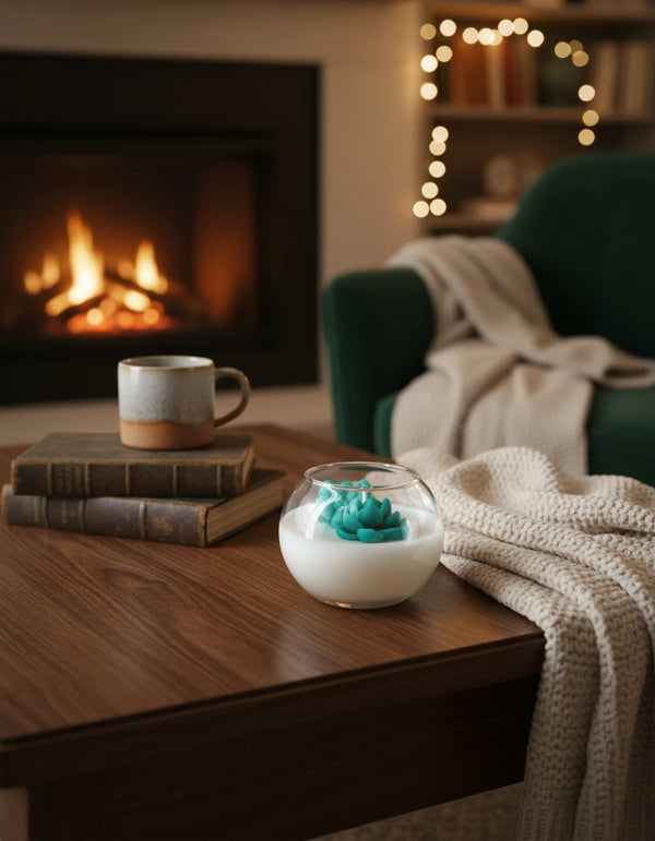 a cute candle with succulents on a fish bowl in a cozy living room with a fireplace, books, mug, and decorative bowl on a coffee table.